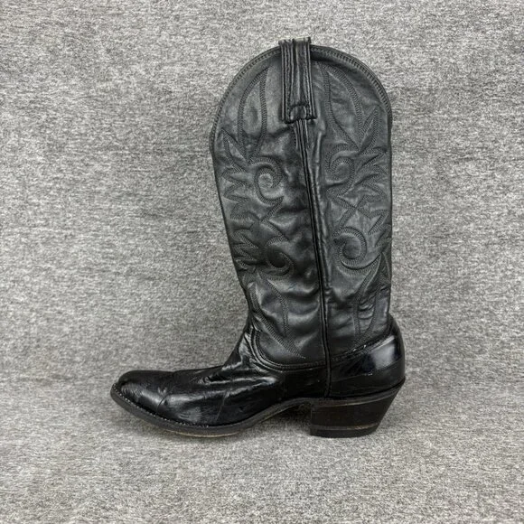 ✅ Mens 9.5D VTG Cowboy Boots Black Leather Almond Toe Embroidered Made In USA - Picture 11 of 11